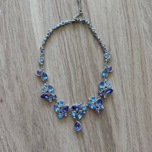 Givenchy Silver Tone Collar Necklace/Blue/ Purple Crystals/ Gray Faux Pearls